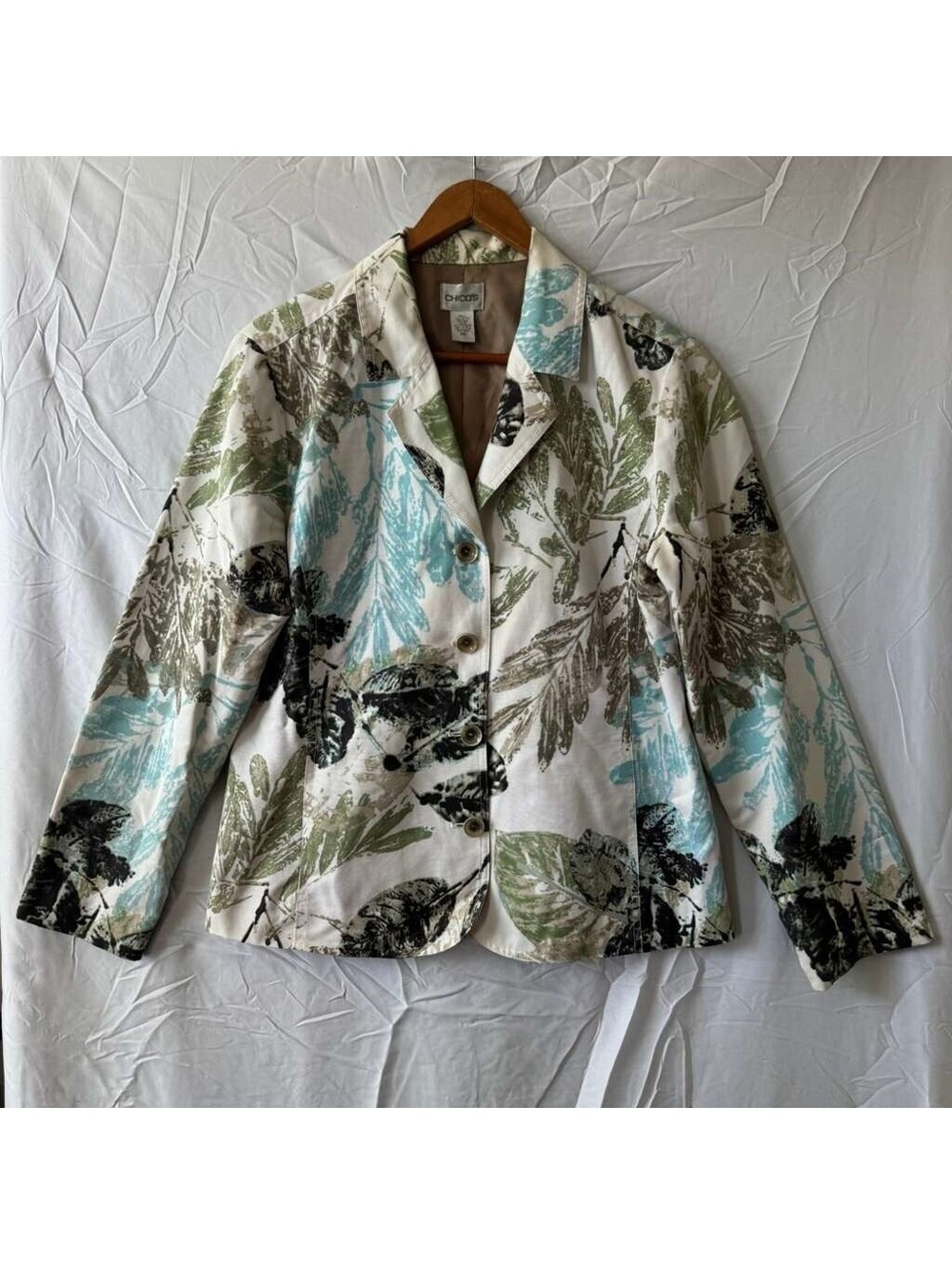 Chicos Blazer Jacket Womens 1 M Leaf Print Silk Blend READ STAIN Cuff Flaw